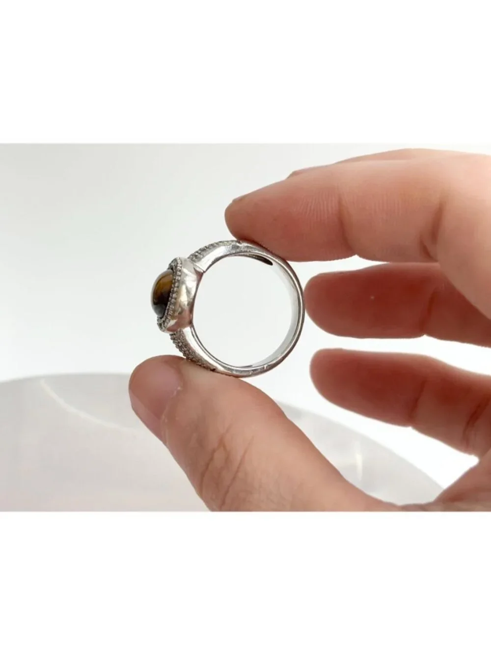 Genuine Tiger's Eye Gemstone Open Shank Sterling Silver 925 Vintage Ring - sz 8